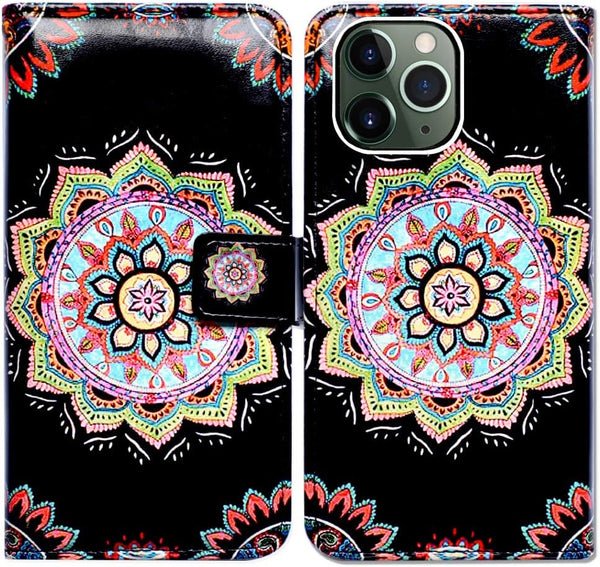 iPhone 11 Pro Max Case - Colorful Mandala Flower Flip Leather Wallet Cover with Card Slot