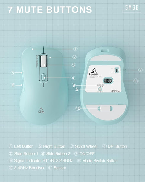 SM66 Green Silent Dual Mode Wireless Mouse for Laptop, Adjustable 4800 DPI Rechargeable Computer Mouse