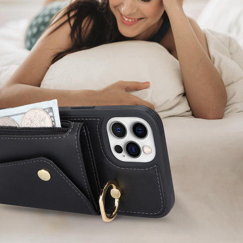 iPhone 12/12 Pro Case with Card Holder and Strap, Zipper Pocket, Crossbody Lanyard, Cute Wallet Case for Women (Black,