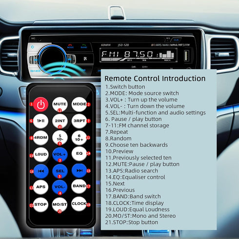 Auroky JSD-520 Charging/MP3/AUX/TF, Car Stereo Audio Single Din Bluetooth Handsfree FM Radio Receiver USB No CD Player