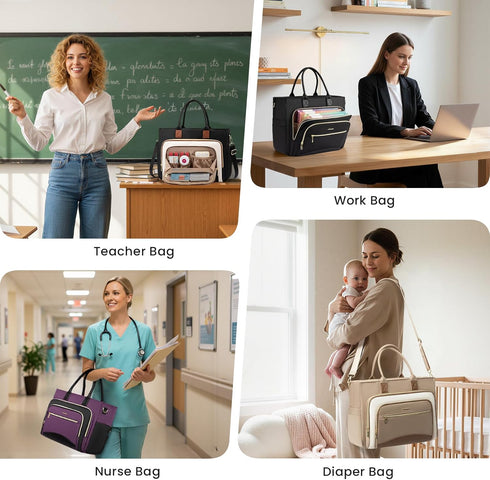 LOVEVOOK Teacher Tote Bag for Women,Laptop bag with Large Cup Holder,Work bag with Accordion File Organizer