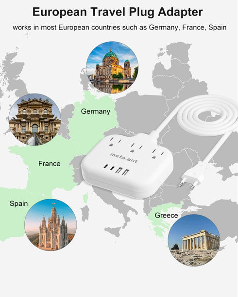 European Travel Plug Adapter, US to European Plug Adapter with 3 American Outlets & 4 USB, 5ft European Power Cord, International Travel Power Strip, Type C for Europe EU Germany France, Travel, White