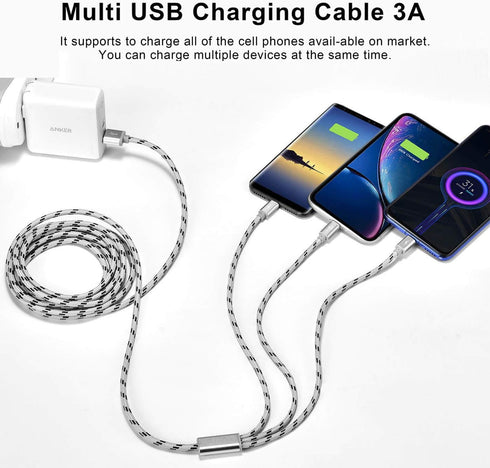 10Ft 3A Multi Charging Cable 2Pcs - 3 in 1 Braided USB Fast Charger for iPhone, Samsung, Pixel, LG, and more.
