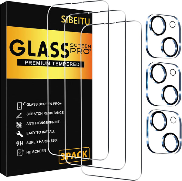SIBEITU Screen Protector for iPhone 15 Plus - 3 Pack with Camera Lens Protector, 6.7 Inch HD Clear, 9H Hardness