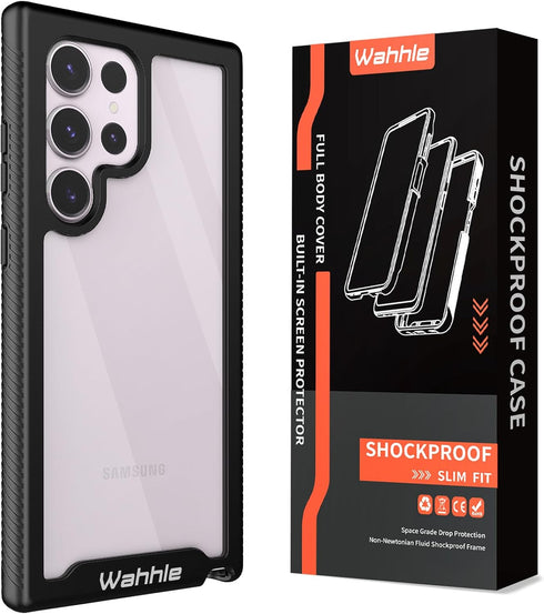 wahhle Samsung Galaxy S23 Ultra Case, Built-in Screen Protector, Full Body Shockproof Slim Fit Bumper Cover, Black/Clear