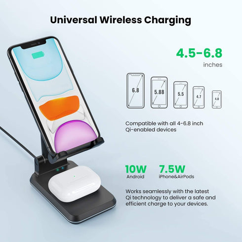 2 in 1 Wireless Charger, Dual Wireless Charging Desk Phone Stand, 10W Qi Fast-Charging Foldable Tablet Stand for iPhone