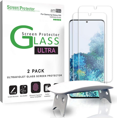amFilm Ultra Glass Screen Protector for Galaxy S20, (2 Pack) Tempered Glass, UV Gel Application, Compatible with