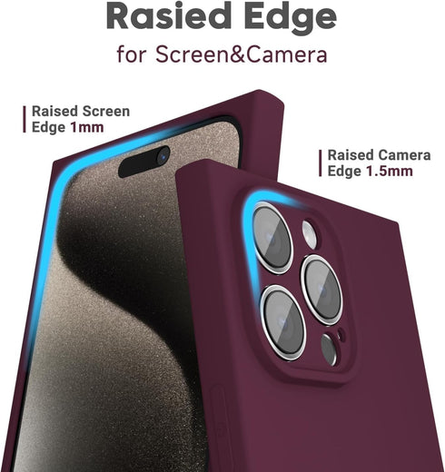 oakxco Silicone Square Edge Case for iPhone 15 Pro Max, Cute Soft Rubber Gel Cover for Women, Burgundy Wine