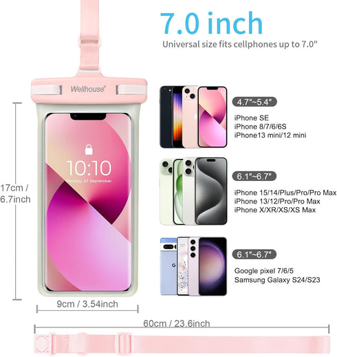 Wellhouse Waterproof Phone Pouch, Compatible with iPhone 15 14 13 12 Pro Max XS, IPX8 Dry Bag, Luminous Blue Pink 2Pack