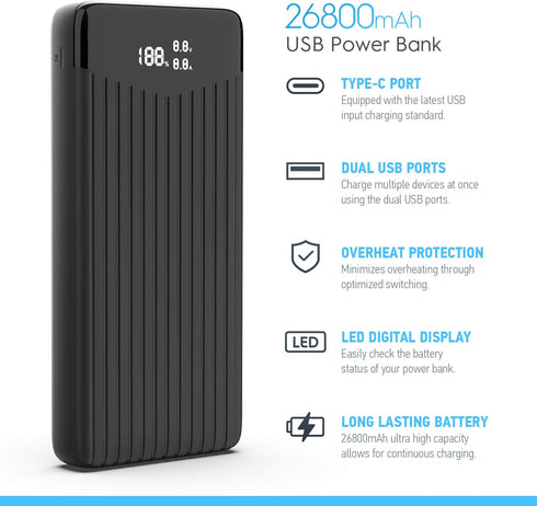 Amcrest 26800mAh USB C Power Bank, Portable Charger with Fast Charging 22W PD 3.0, Type C Battery Bank with LED Display