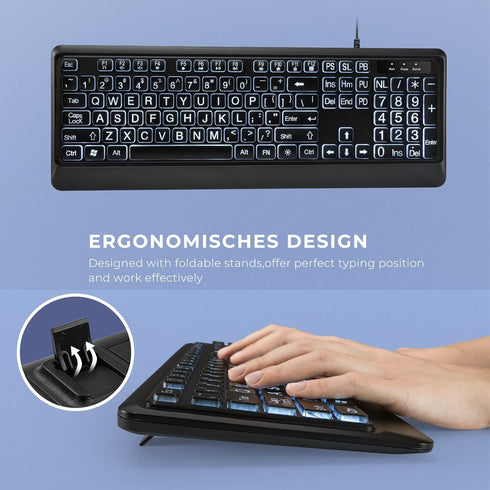 Large Print Backlit Keyboard, Quiet USB Wired Computer Keyboard, Full Size with White Illuminated LED for Windows
