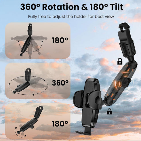 Car Phone Holder, 360° Rotating Rear View Mirror Phone Holder for All 4-7 Inch iPhone and Android Cell Phones