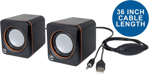 Manhattan USB Powered Stereo Speaker System, Small Size with Volume Control & 3.5 mm Aux Plug, Black Orange