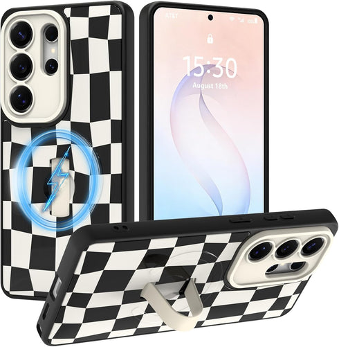 SOKAD Magnetic Checkered Case for Samsung Galaxy S26 Ultra with Finger Strap Kickstand,
