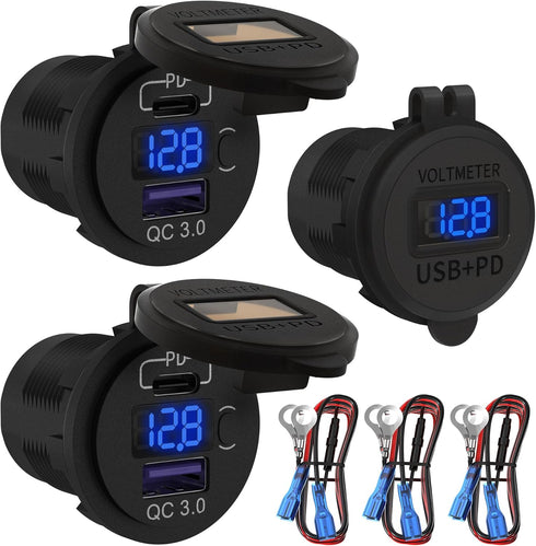 DaierTek 12V USB C Car Charger Socket, 48W PD Type C & QC 3.0 Dual USB Charging Socket Port Waterproof with Voltmeter