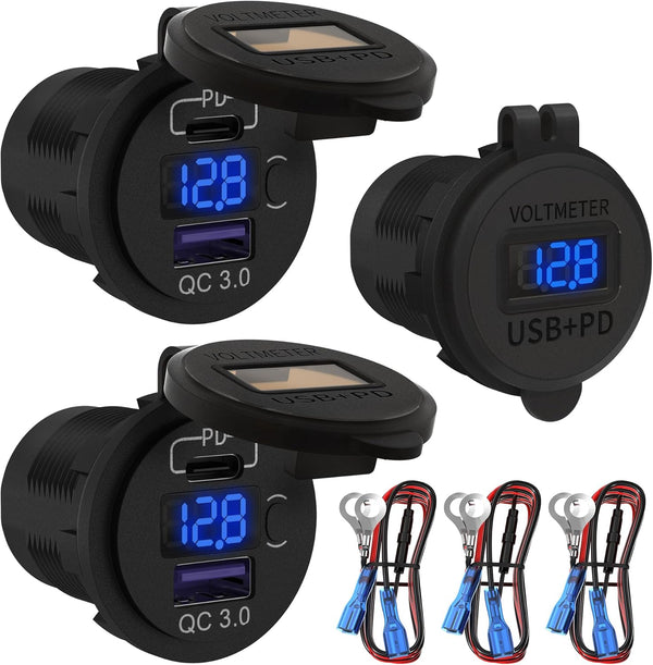 DaierTek 12V USB C Car Charger Socket, 48W PD Type C & QC 3.0 Dual USB Charging Socket Port Waterproof with Voltmeter
