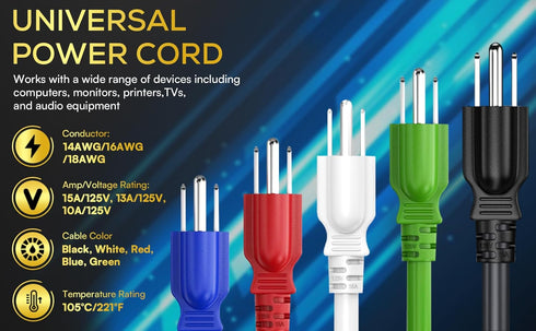 Cable Leader 2ft 18 IEC320 C13 5-15P, AWG Universal Power Cord to NEMA Extension Power Cord, Compatible with Computers
