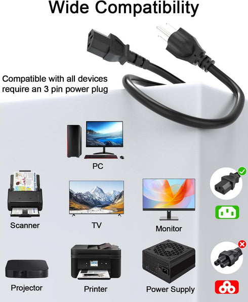 Bicmice 18AWG Power Cord, 6Ft NEMA 5-15P to C13 Power Cable for TV, Computer, Monitor, Printer, Samsung Dell LG