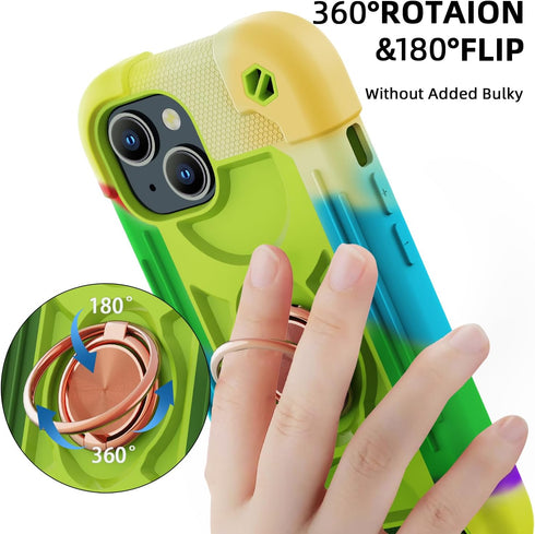 iPhone 15 Case, Rainbow Green, Heavy-Duty Shockproof Military-Grade Rugged Cover with Ring Stand, Glass Screen & Camera