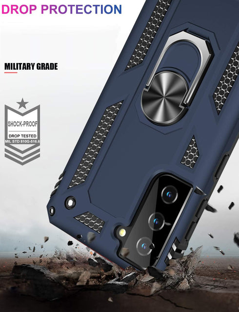 IKAZZ Galaxy S21 Case, Military Grade Shockproof Heavy Duty Protective Cover with Magnetic Kickstand, Blue