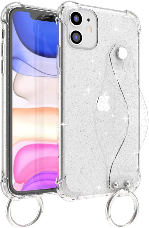 iPhone 11 Clear Glitter Case with Hand Strap, Soft Silicone Gel Rubber Sparkle Cover for Girls Women