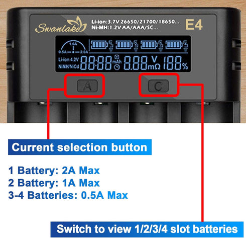 Swanlake 18650 4 3.7v 18650 26650 21700 18500 10400 Battery Charger, Bay Rechargeable Battery Charger with LCD Display