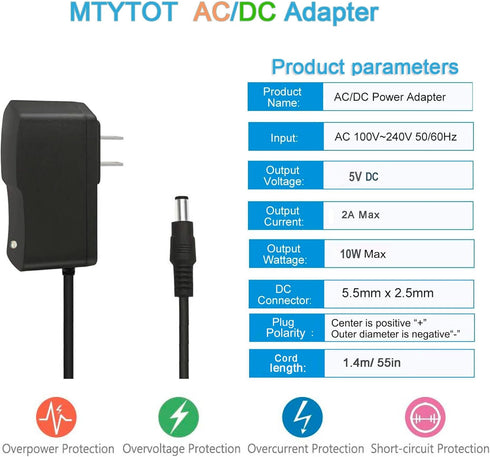 5V 2A 10W DC Power Supply Adapter 100V-240V AC to DC 5 Volt 2Amp 1A 1.5A AC/DC Wall Adapter Replacement DC 5V Power Cord with 5 sizes tips for Security Camera Baby Monitor Speakers