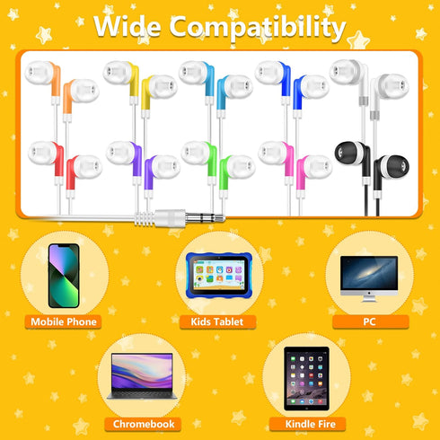 30 Pack Kids Bulk Earbuds - Wholesale Headphones for School, Classroom, Libraries. Multi-Colored, Individually Bagged.