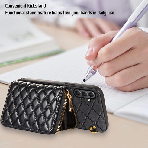 Furiet Samsung Galaxy S24 Plus S24+ 5G Zipper Wallet Case, Crossbody Strap, 8 Card Slots, Black