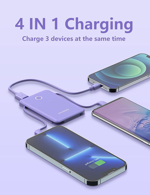 miisso 6000mAh Ultra Slim Power Bank, Built-in Cables, Card Size Portable Charger for Phones, 3 Output External Battery
