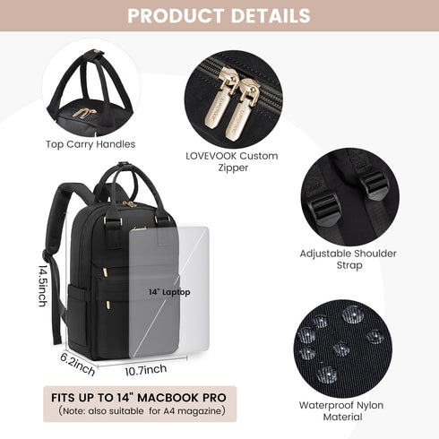 LOVEVOOK 14 Inch Laptop Backpack for Women, Cute Waterproof Vintage Daypacks, Stylish Travel Bookbag for College