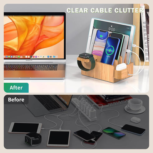 Pezin & Hulin Bamboo Charging Station Organizer for Multiple Devices, Desktop Docking Station for Phone, Tablet,
