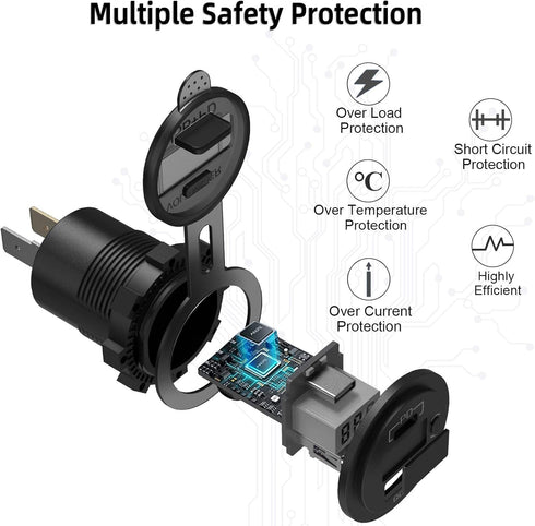 Qidoe USB C Car Charger Socket, 12V/24V Dual USB Outlet with LED Voltmeter & ON/Off Switch for Car, Boat, Truck