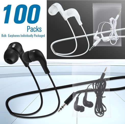 Kanayu 100 Pack Bulk Earbuds for Kids, Individually Bagged Classroom Headphones, Black and White