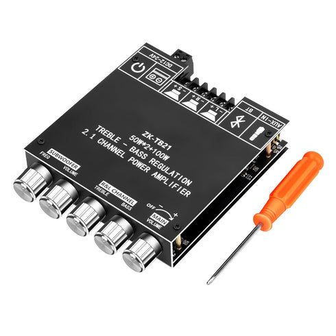 ZK-TB21 Bluetooth Amplifier Board, 50W+50W+100W 2.1 Channel Subwoofer Amp Board with Treble and Bass Control