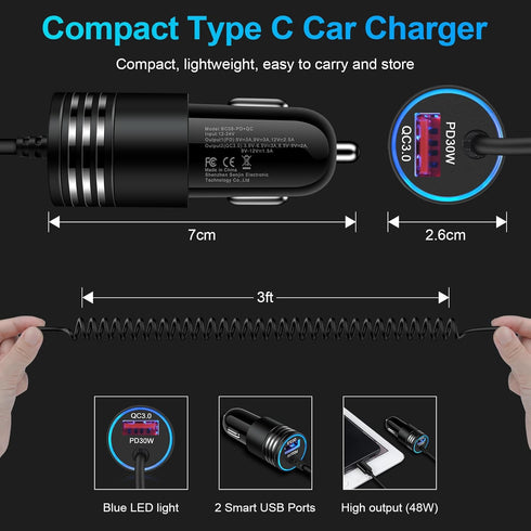 48W Super Fast Car Charger Type C for iPhone 16/16 Pro Max/16 Plus/15, Fast Charging Car Adapter with Built-in Coiled