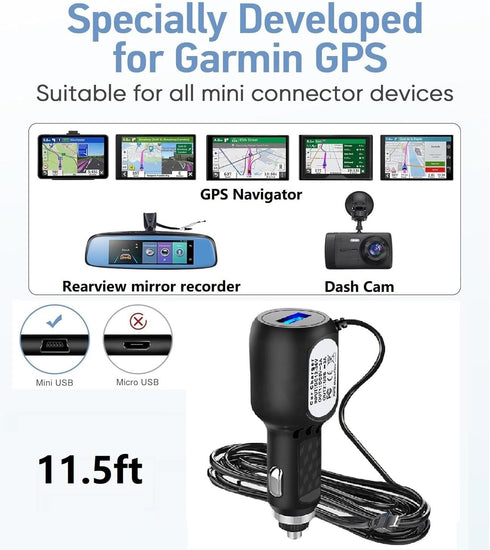 Dash Cam Charger Cable, 11.5FT Mini USB for 12V-24V Cars & Trucks, 3-in-1 Charging for Dash Cam, GPS Navigator, Mobile Phones & Other Devices