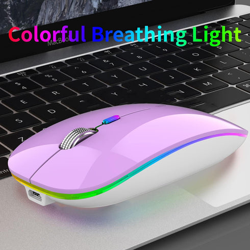 Uiosmuph LED Wireless Mouse, G12 Slim Rechargeable Silent Mouse with USB Receiver and Type C Adapter (Purple)