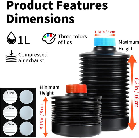 eTone 3X 1000ml Collapsible Darkroom Chemical Storage Bottles, Foldable Liquid Container for Photo Developing