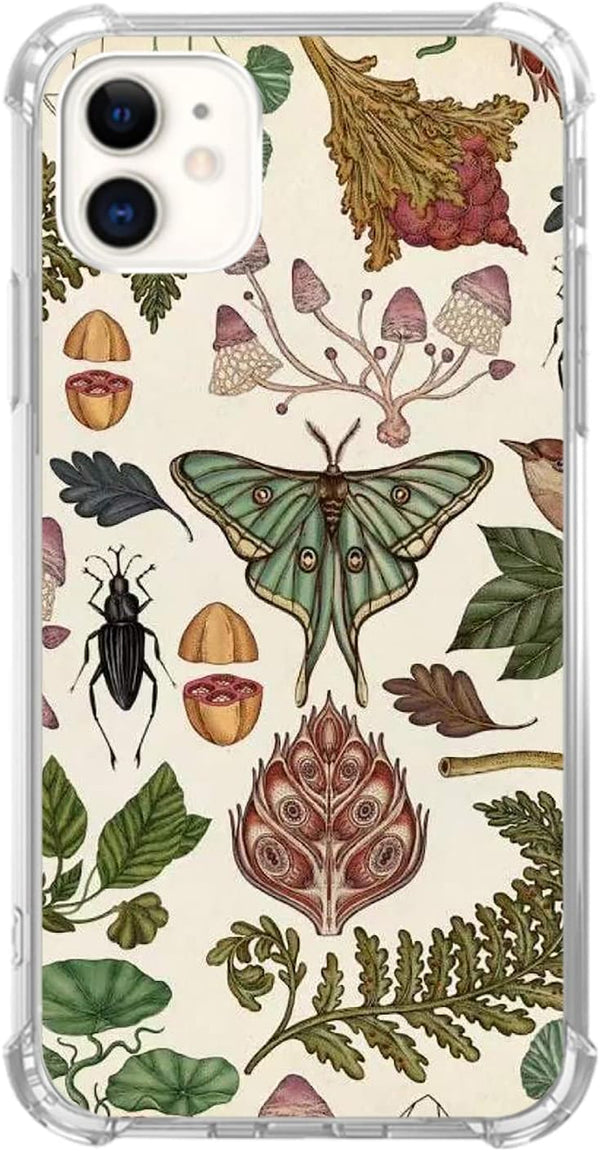 Mushroom Moth Herb Aesthetic Case for iPhone 11, Vintage Cottagecore Botanical Art, Trendy Cool TPU Bumper