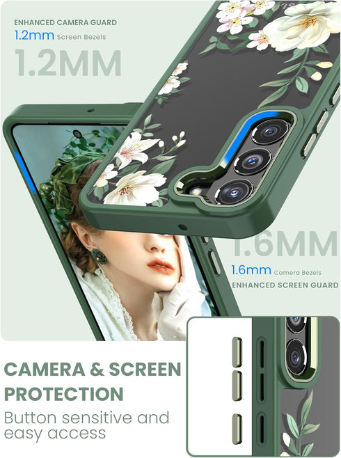 Dretal Galaxy S22 5G Case - Floral Military Grade, Slim Hard Back & Soft Edge + Tempered Glass Protector (Green)