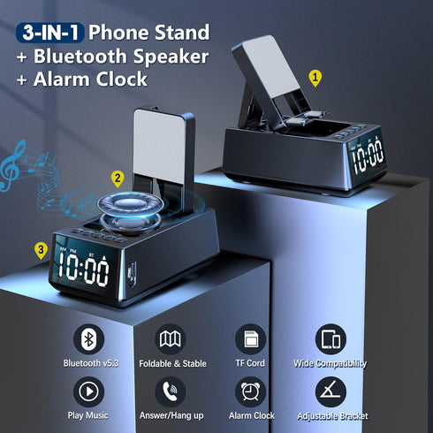Adjustable Phone Stand with Built-in Bluetooth Speaker, Portable with Non-Slip Base, Unique Gifts, Tech Gifts for Men, Cool Gadgets for Home and Outdoor Use (Black)