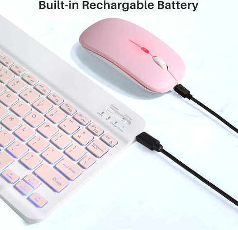 Bluetooth Keyboard and Mouse Combo for iPad, Rechargeable Wireless with 7-Color Backlit for iPad Pro/Air/Mini