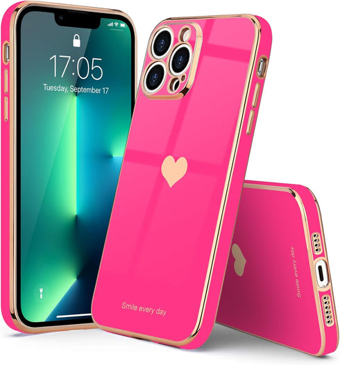 Teageo Cute Love-Heart Luxury Bling Case for iPhone 13 Pro Max, Soft Shockproof Bumper, Hot Pink, Raised Camera