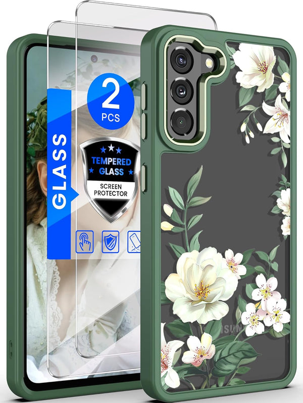 Dretal Galaxy S21 5G Case - Floral Design, Military Grade, Slim Hard Back & Soft Edge + Tempered Glass Protector (Green)