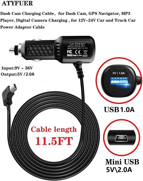Dash Cam Charger Cable, 11.5FT Mini USB for 12V-24V Cars & Trucks, 3-in-1 Charging for Dash Cam, GPS Navigator, Mobile