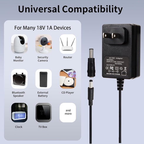 18V AC DC Power Supply Adapter, 18Volt 1 Amp Charger with 8 Interchangeable Jacks for Various Electronics