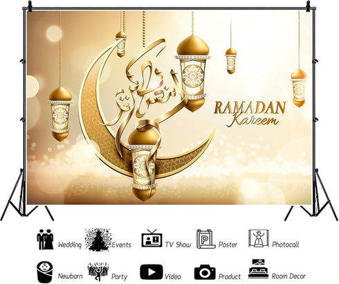 Baocicco 5x3ft Polyester Background for Eid Mubarak Photography - Golden Crescent Moon, Stars, Islamic Lanterns Decor