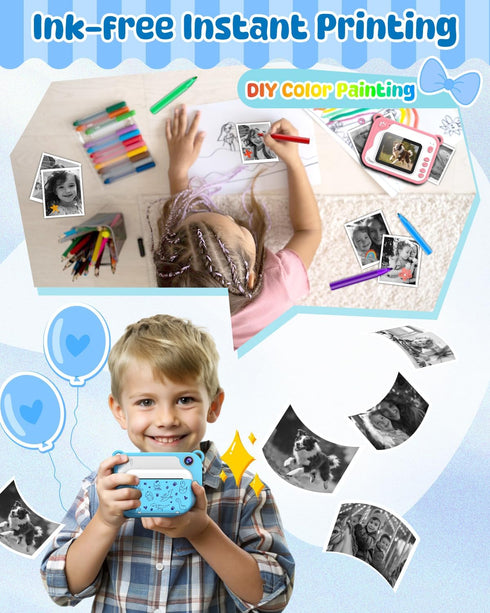 Instant Print Kids Camera, Ink Free Printing Dinosaur Camera for Ages 3-12, Christmas Gifts, Blue