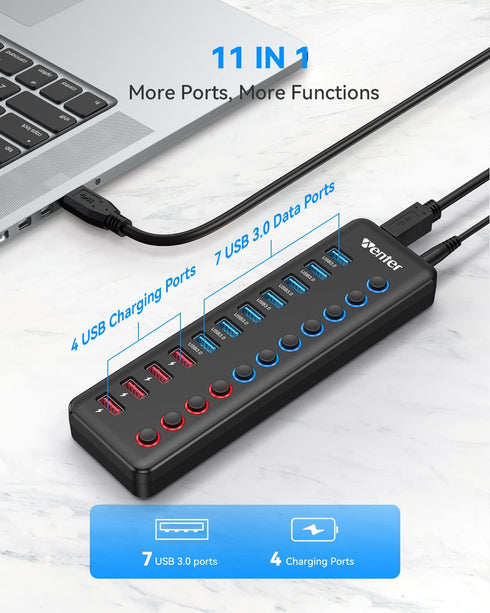 Wenter 11-Port Powered USB 3.0 Hub, Splitter with 7 Data Transfer Ports + 4 Smart Charging Ports